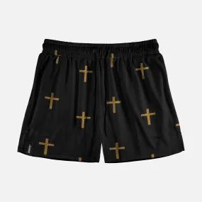 Cross Pattern Black Shorts - 5"