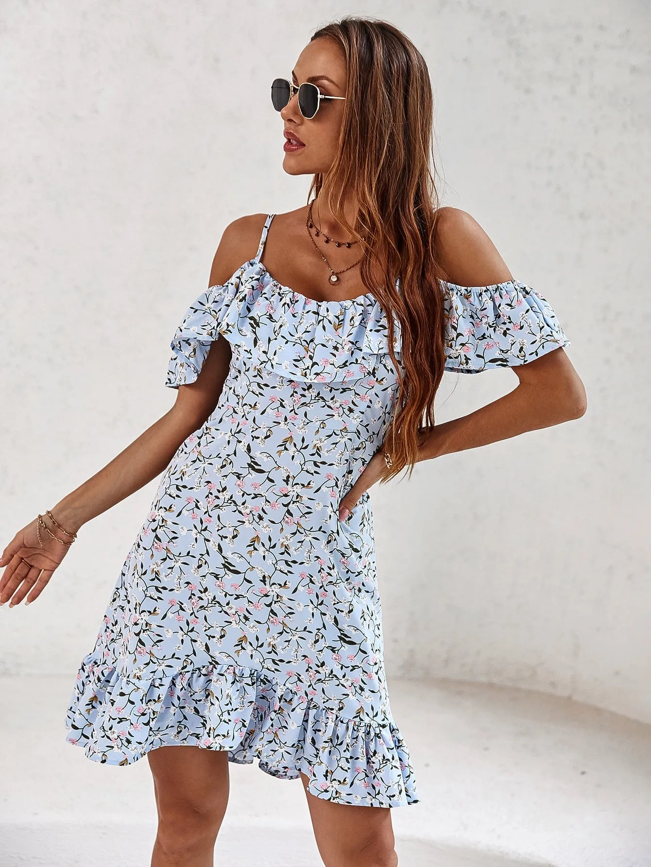 Ditsy Floral Ruffle Hem Short Sleeve Cold Shoulder Flounce High Waist Short Dress