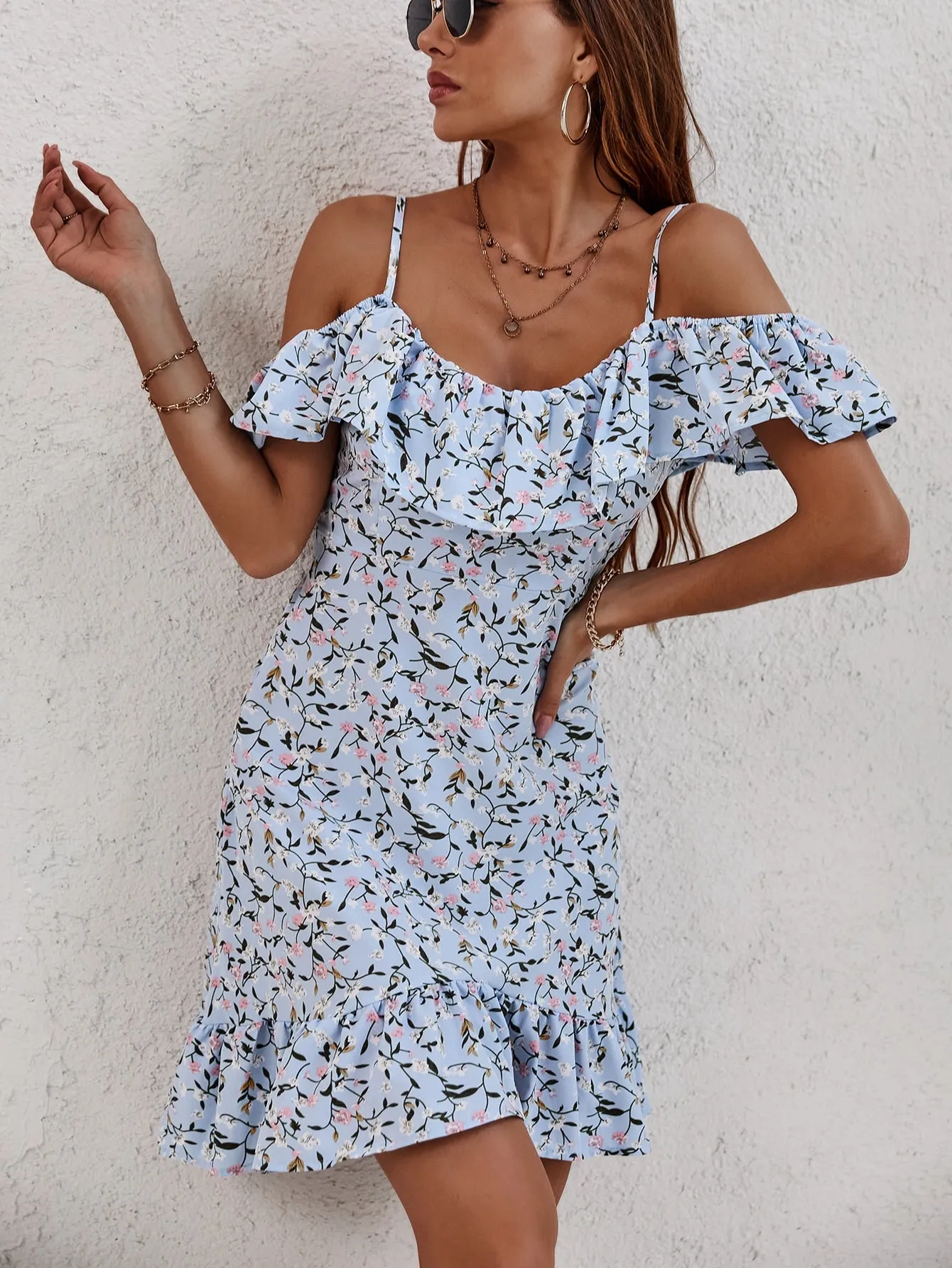 Ditsy Floral Ruffle Hem Short Sleeve Cold Shoulder Flounce High Waist Short Dress