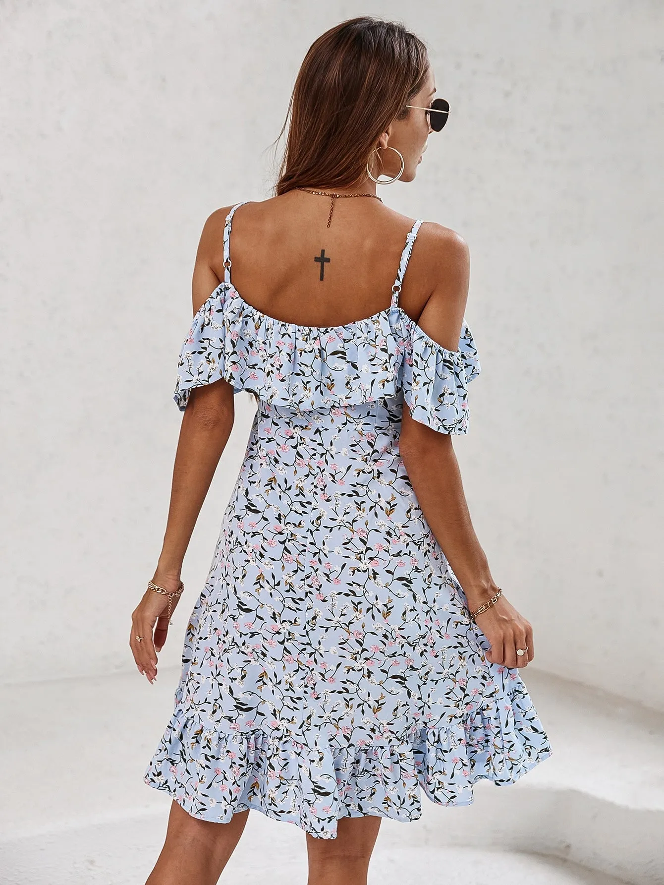 Ditsy Floral Ruffle Hem Short Sleeve Cold Shoulder Flounce High Waist Short Dress