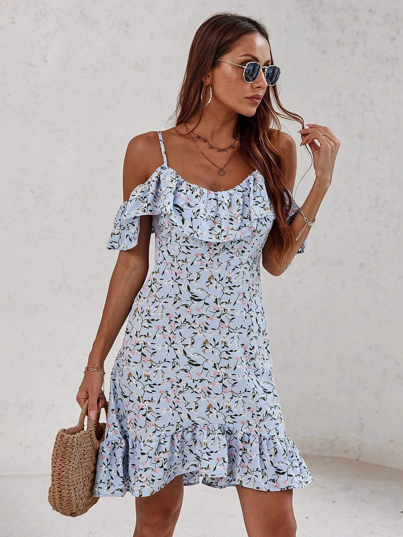 Ditsy Floral Ruffle Hem Short Sleeve Cold Shoulder Flounce High Waist Short Dress