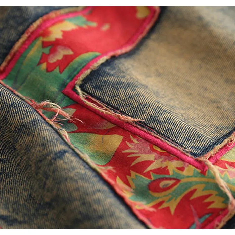 Embroidered Patchwork Denim Skirt