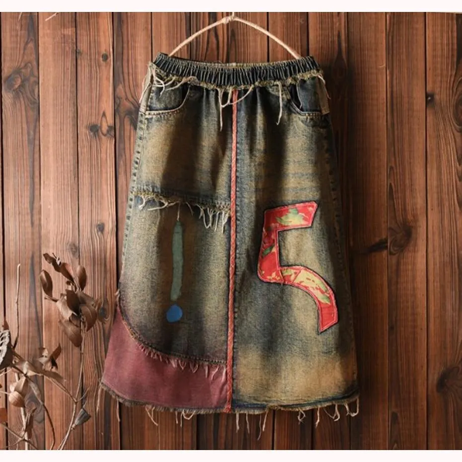 Embroidered Patchwork Denim Skirt