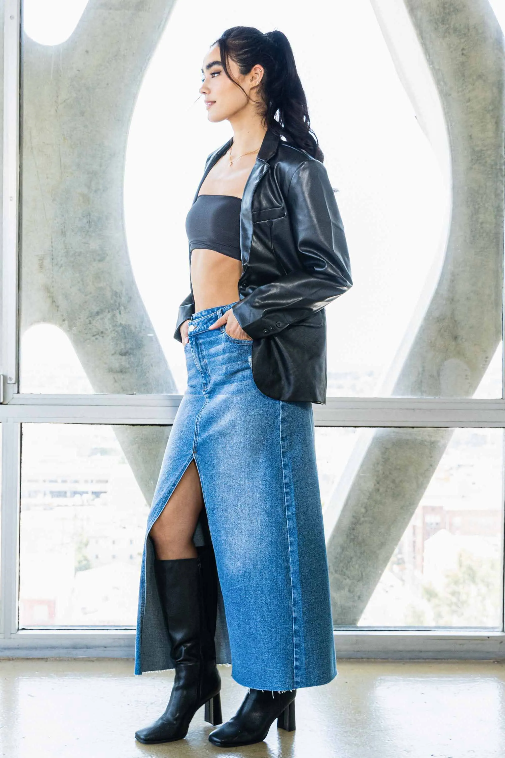 Essential Denim Crossed Waist Column Skirt