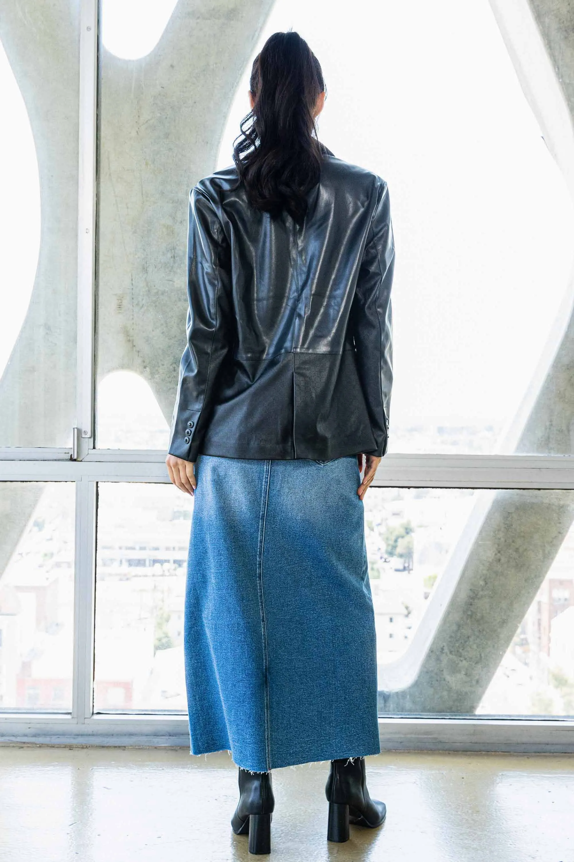 Essential Denim Crossed Waist Column Skirt