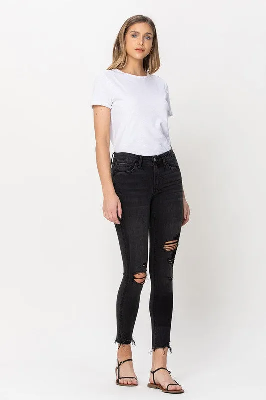 Flying Monkey Ally - Mid Rise Distressed Raw Hem Crop Skinny Jeans