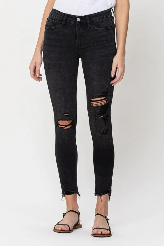 Flying Monkey Ally - Mid Rise Distressed Raw Hem Crop Skinny Jeans