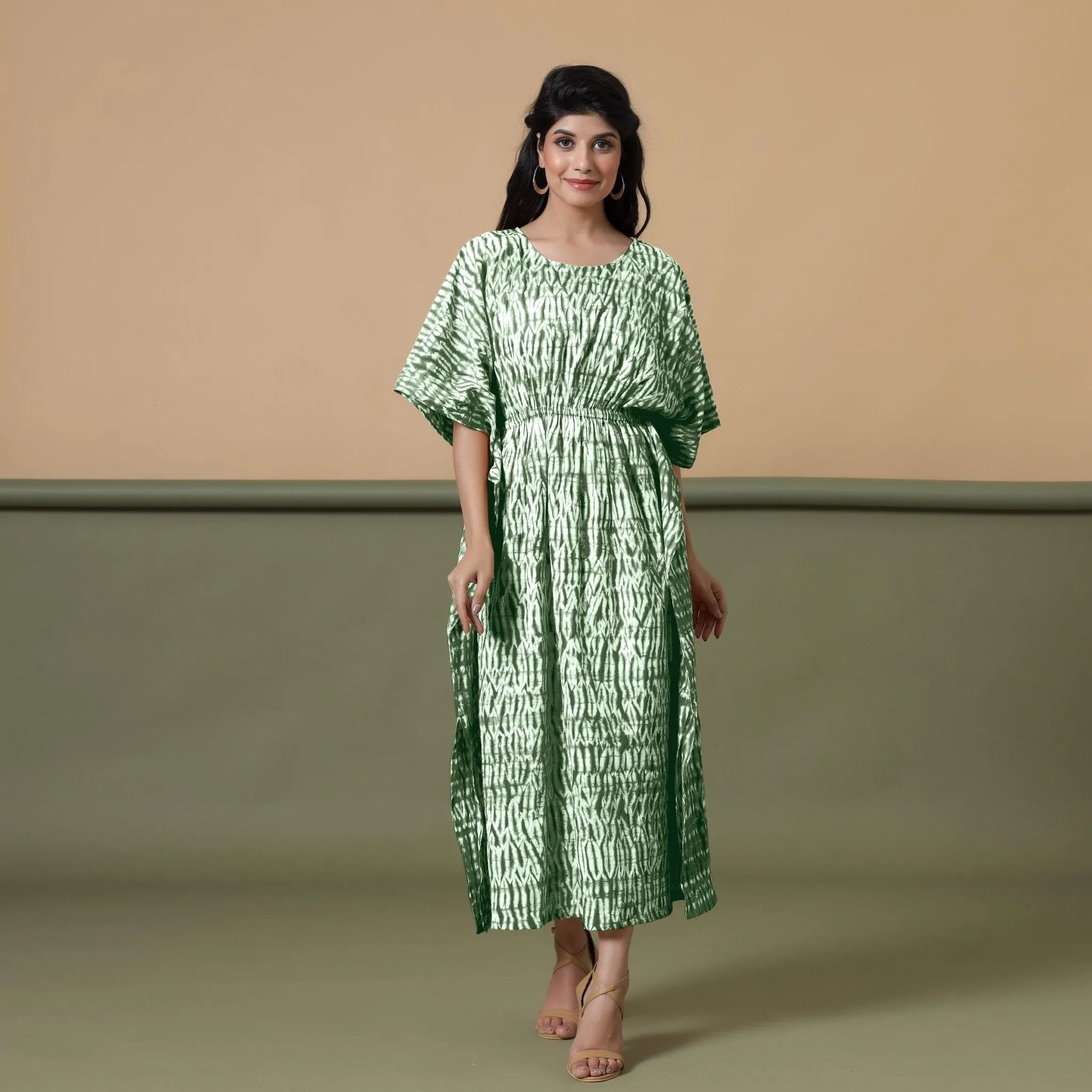 Forest Green Shibori Tie-Dye Cotton Kaftan Maxi Dress