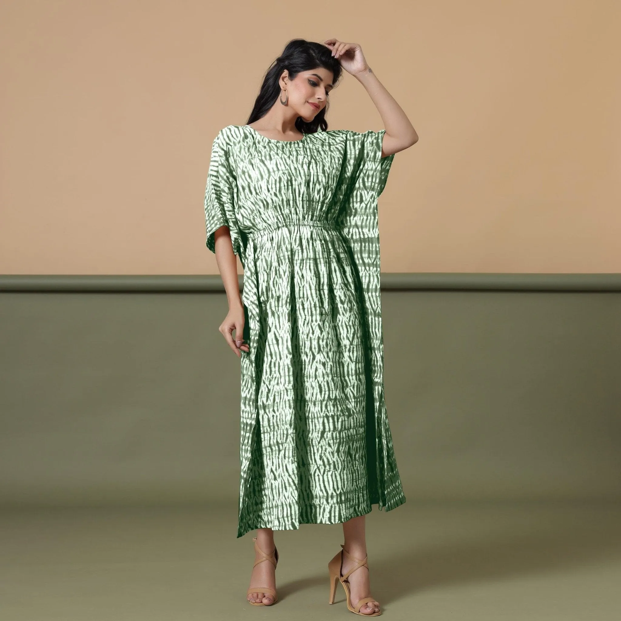 Forest Green Shibori Tie-Dye Cotton Kaftan Maxi Dress