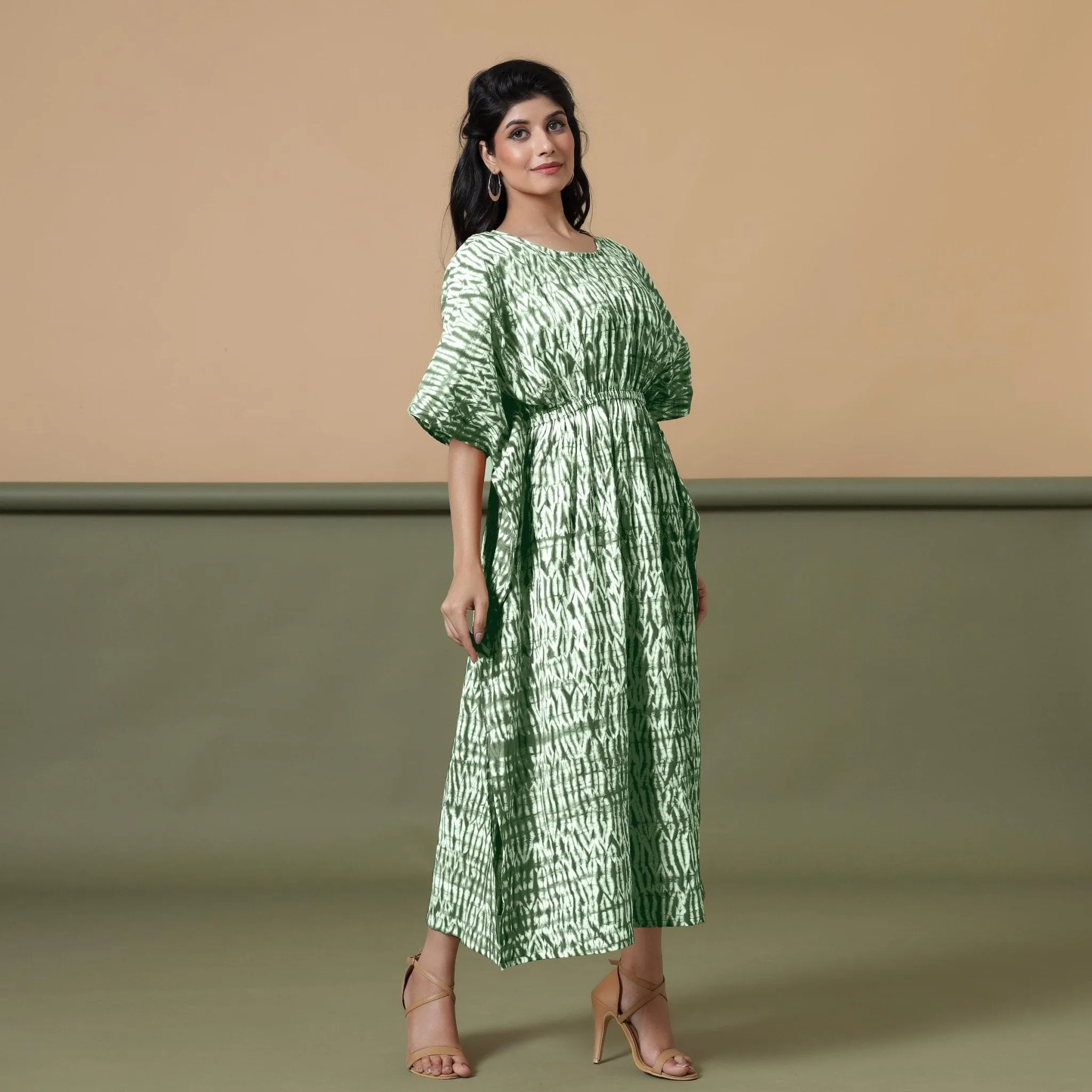 Forest Green Shibori Tie-Dye Cotton Kaftan Maxi Dress