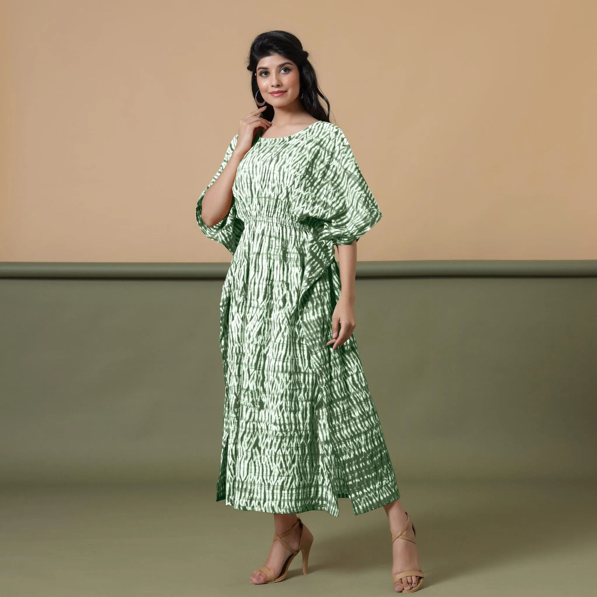 Forest Green Shibori Tie-Dye Cotton Kaftan Maxi Dress