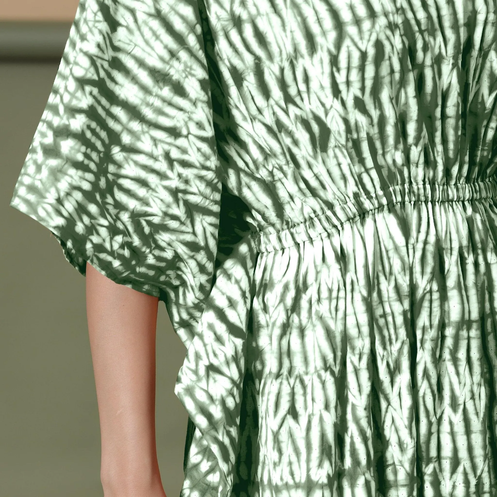 Forest Green Shibori Tie-Dye Cotton Kaftan Maxi Dress