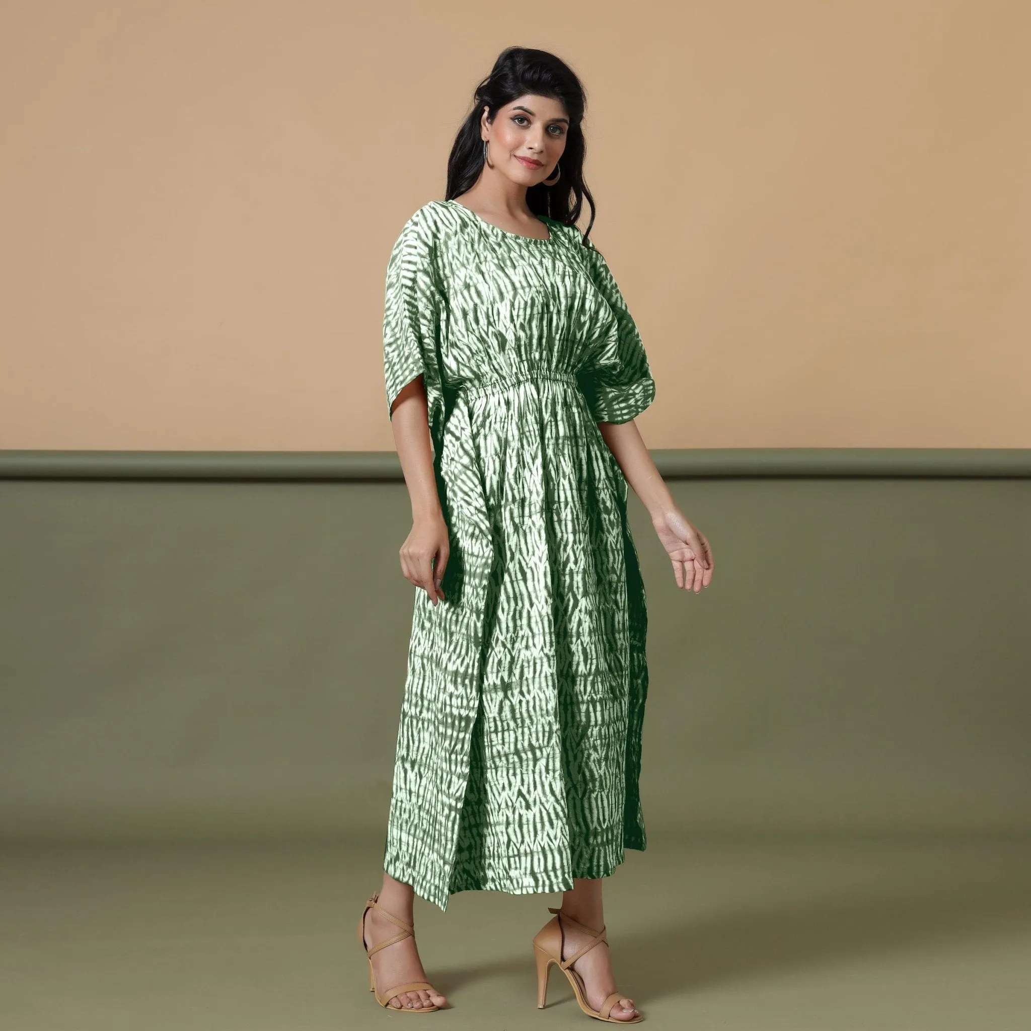 Forest Green Shibori Tie-Dye Cotton Kaftan Maxi Dress