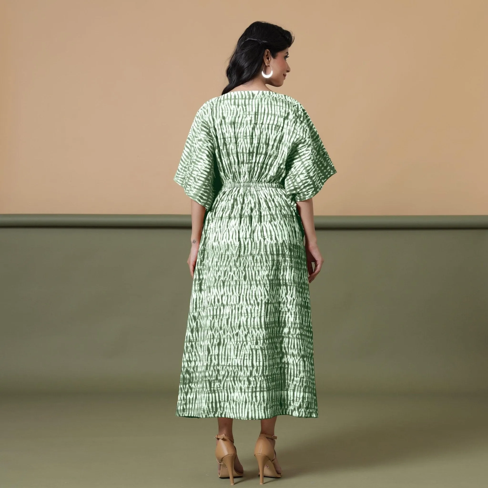 Forest Green Shibori Tie-Dye Cotton Kaftan Maxi Dress