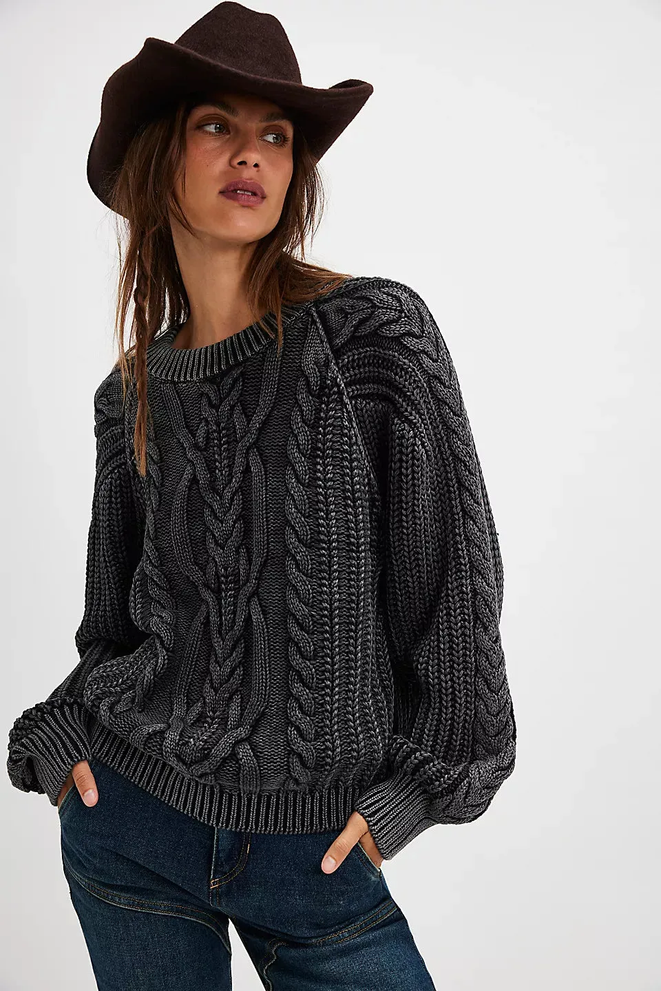 Free People Frankie Cable Sweater - BLACK