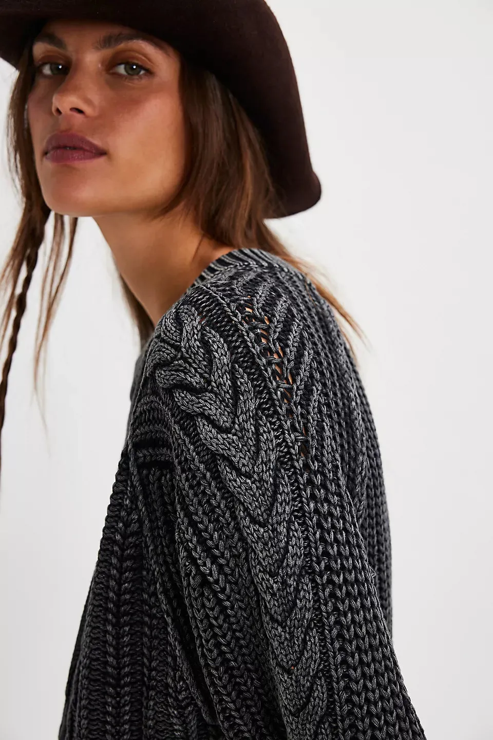 Free People Frankie Cable Sweater - BLACK