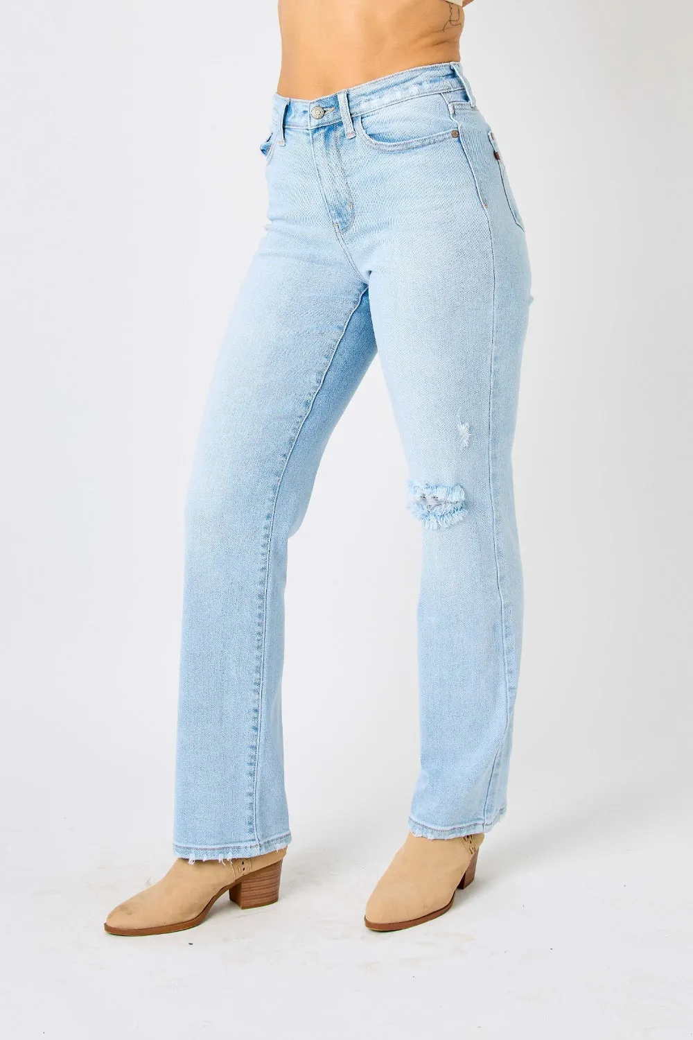 Full Size High Waist Distressed Straight Jeans