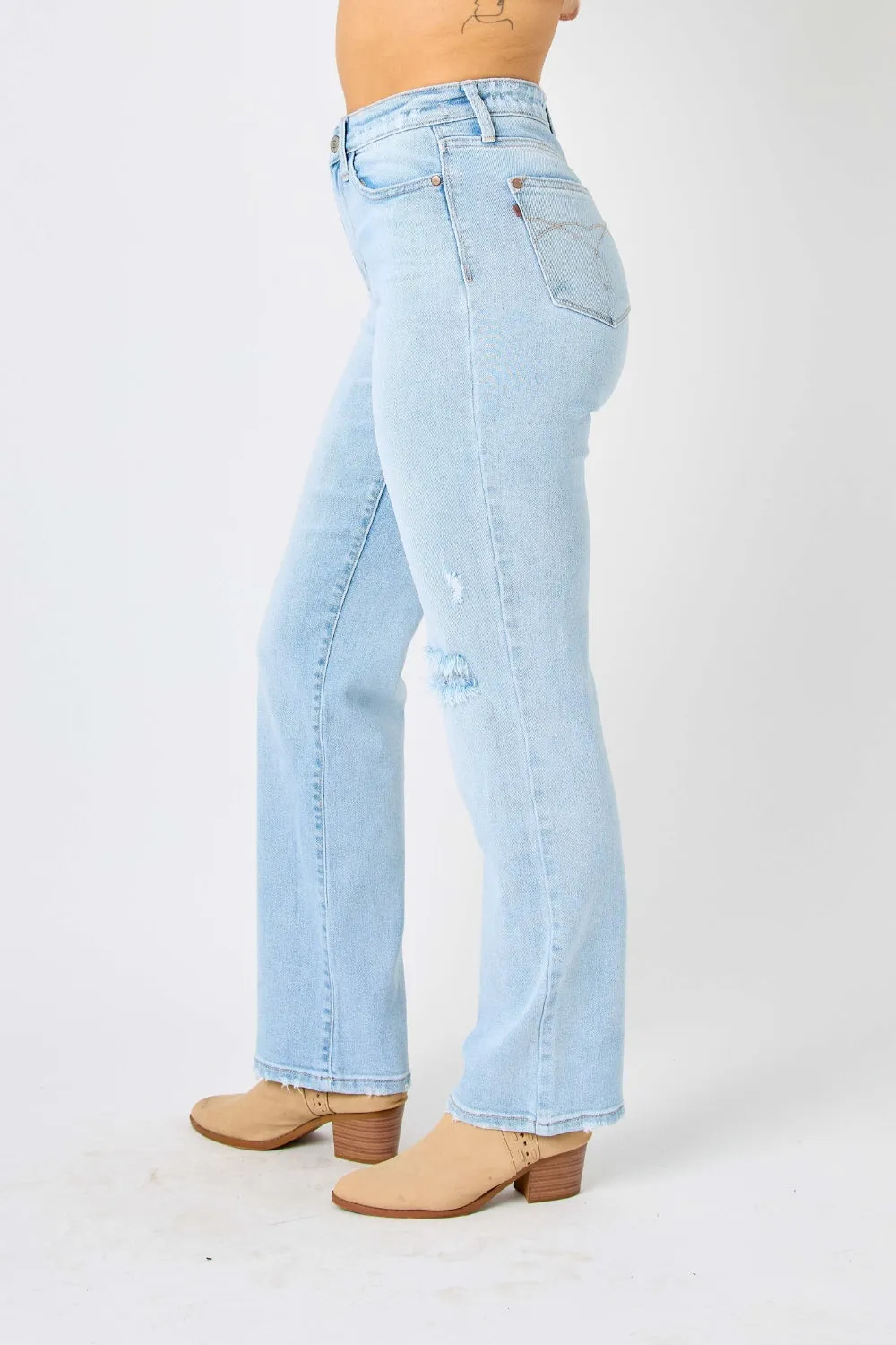 Full Size High Waist Distressed Straight Jeans