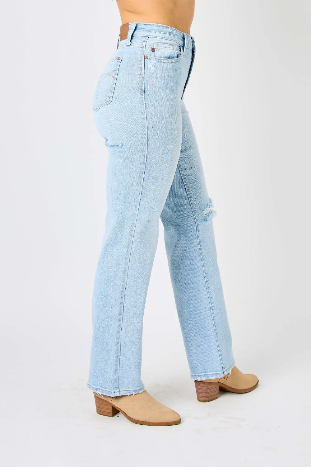 Full Size High Waist Distressed Straight Jeans