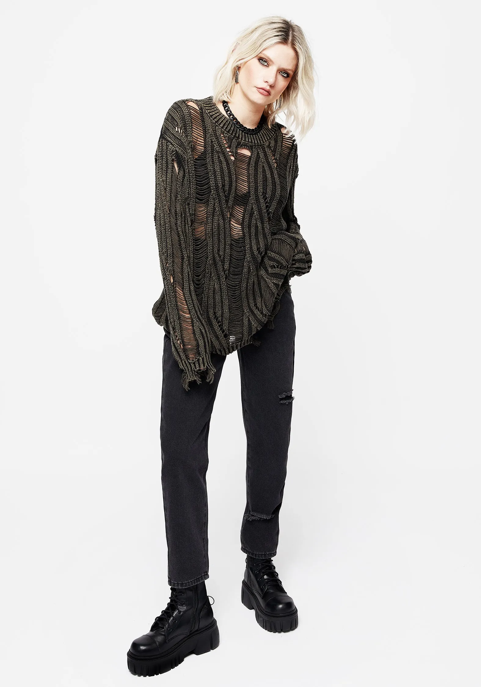 Granite Ladder Stitch Distressed Cable Knit Jumper