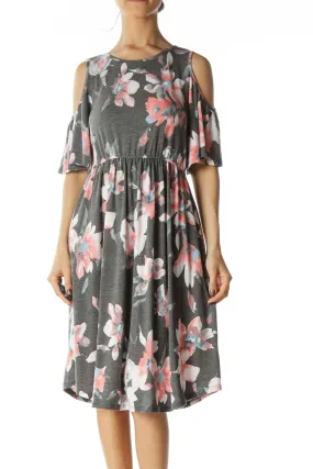 Gray and Pink Floral Print Cold Shoulder Dress