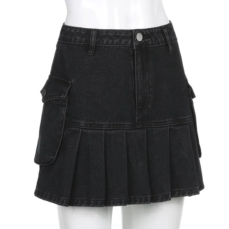 High Waist Jean Skirts Denim Pleated Skirts with Big Pockets Outfit