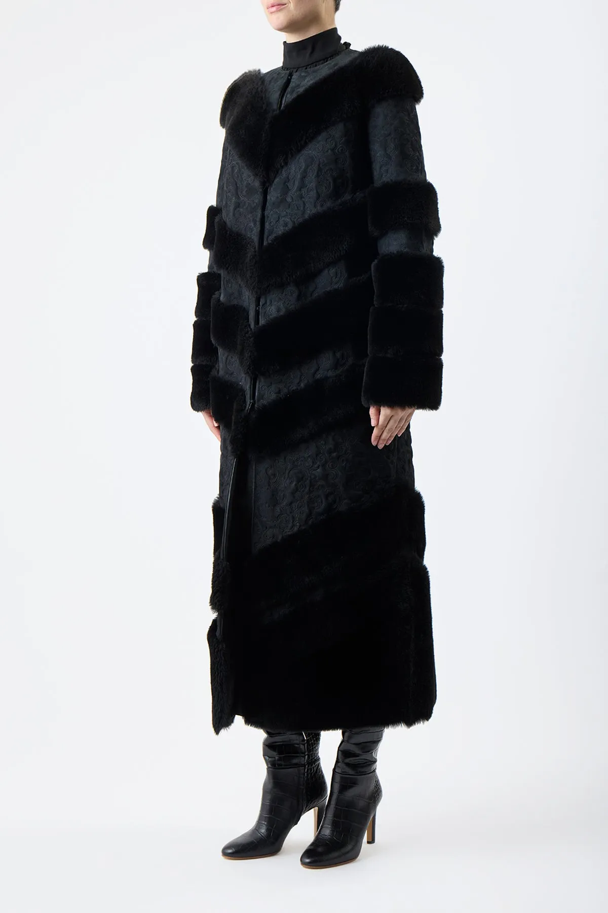 Hugh Embroidered Coat in Black Suede with Shearling