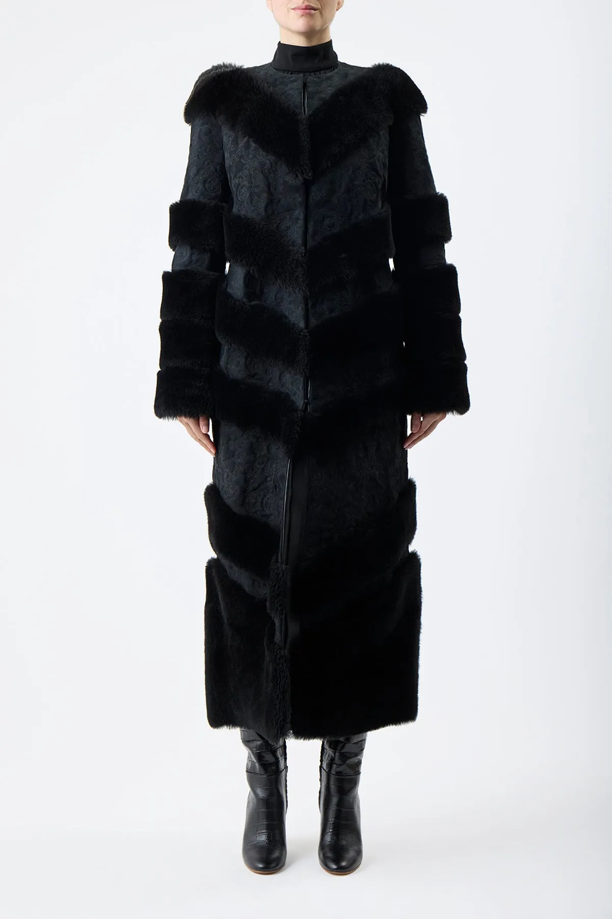 Hugh Embroidered Coat in Black Suede with Shearling