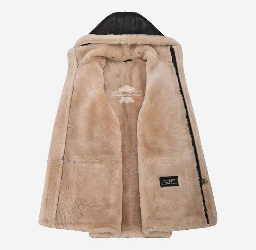 IVAR Men's Real Shearling Duffle Coat Sheepskin Fur Hooded Coat