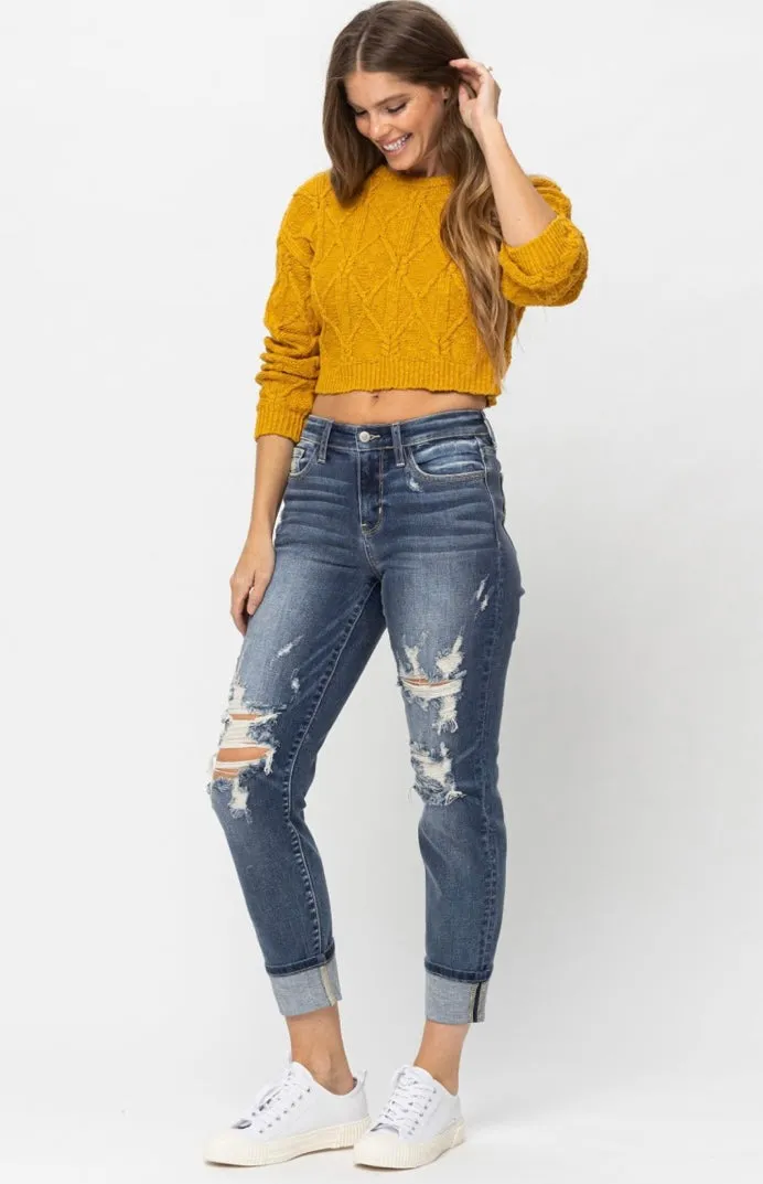 Judy Blue Distressed Boyfriend Mid Rise Cuff Jeans