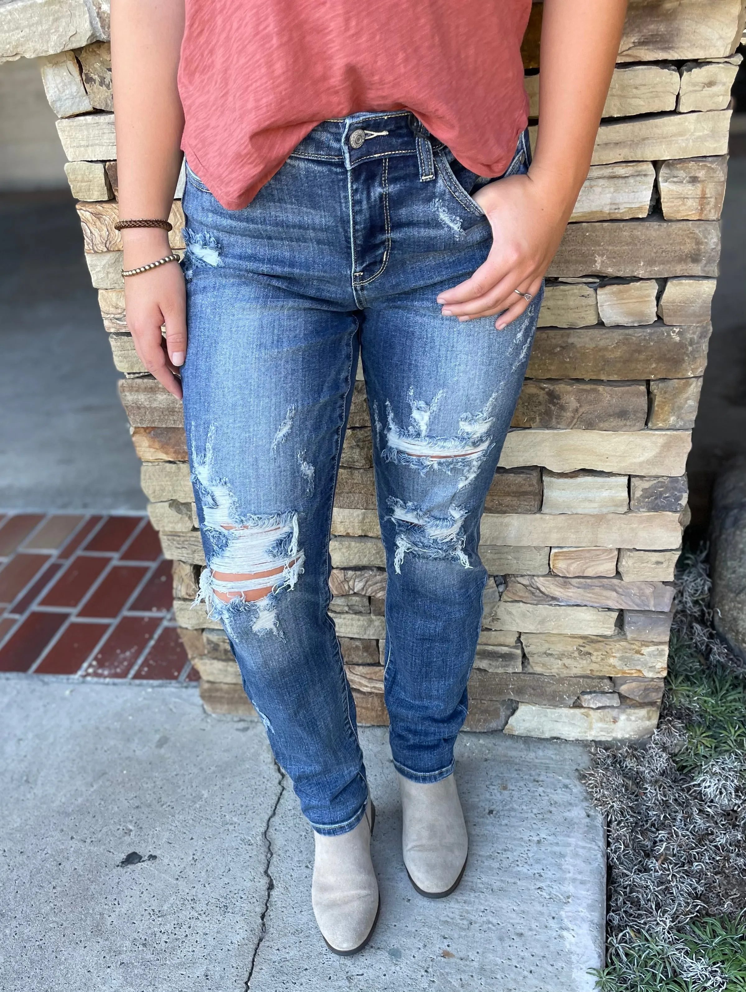 Judy Blue Distressed Boyfriend Mid Rise Cuff Jeans