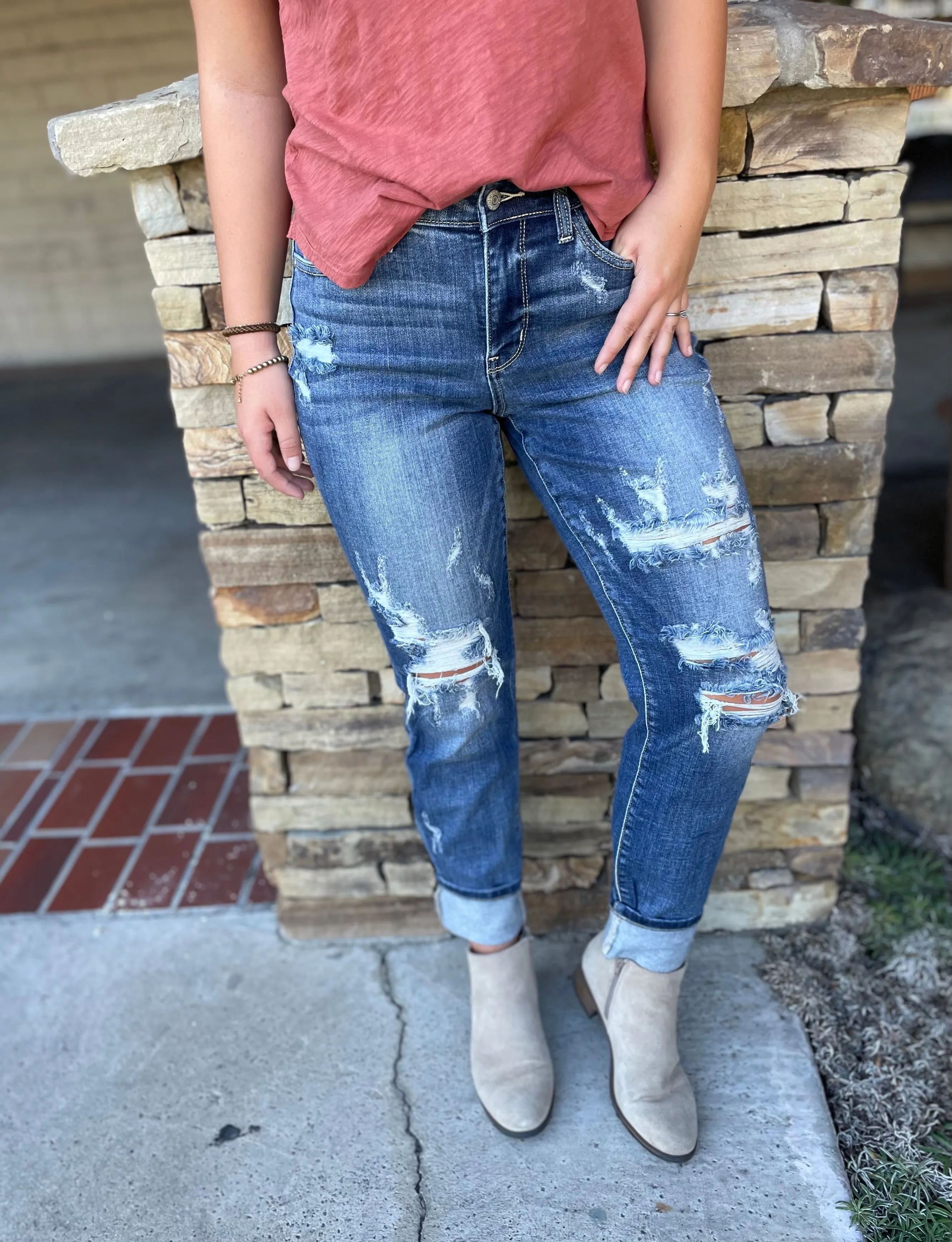 Judy Blue Distressed Boyfriend Mid Rise Cuff Jeans