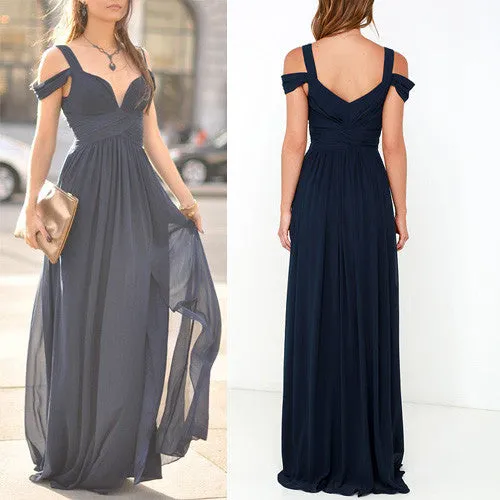 MACloth Off the Should Chiffon Long Prom Dress Dark Navy Formal Ball Gown