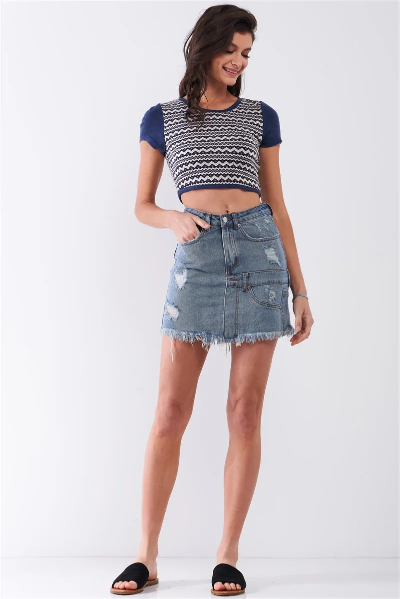 Medium Blue Denim High-waist Distressed Effect Asymmetrical Trim Raw Hem Detail Mini Skirt_