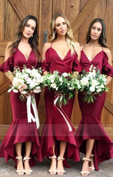 Mermaid Cold Shoulder Burgundy Bridesmaid Dress with Ruffles