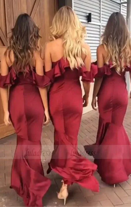 Mermaid Cold Shoulder Burgundy Bridesmaid Dress with Ruffles