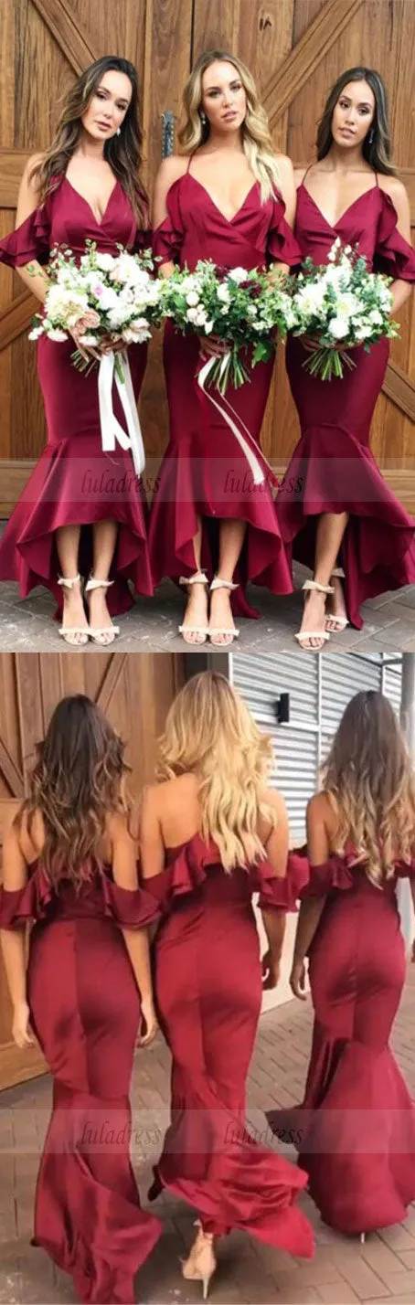 Mermaid Cold Shoulder Burgundy Bridesmaid Dress with Ruffles