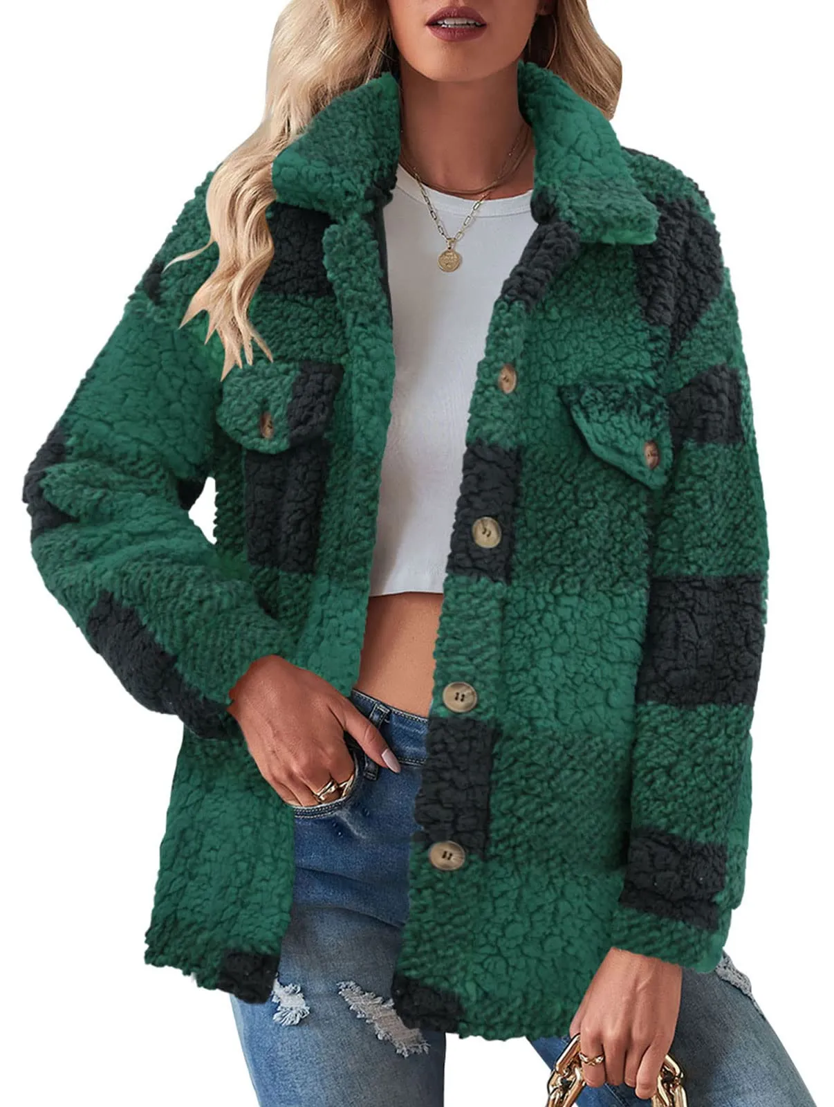 MEROKEETY Plaid Fleece Button Down Sherpa Coat Jacket