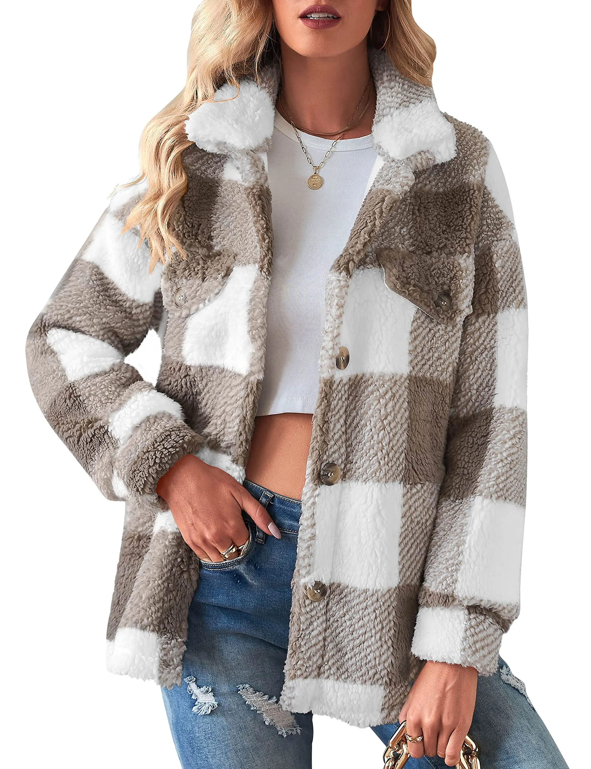 MEROKEETY Plaid Fleece Button Down Sherpa Coat Jacket