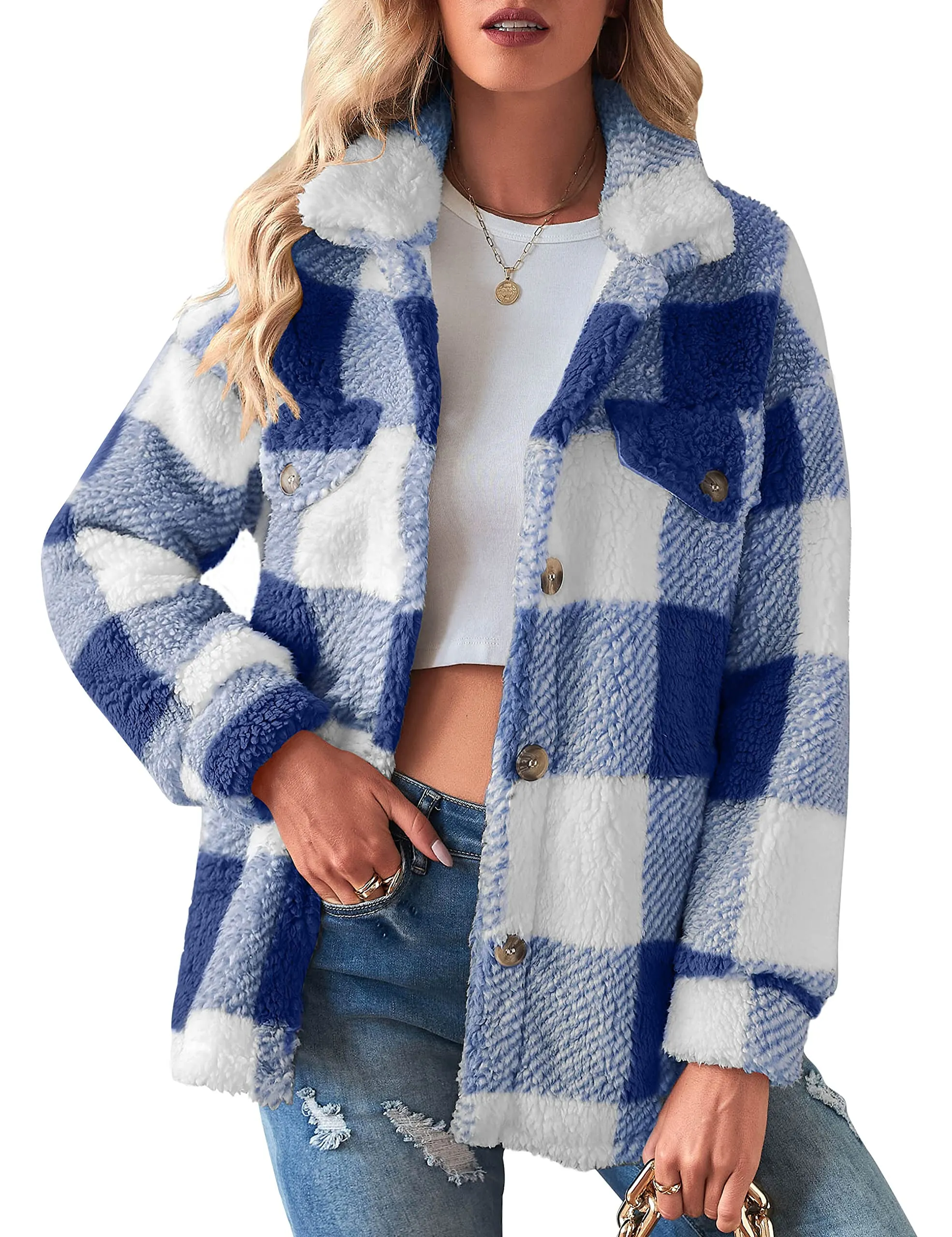 MEROKEETY Plaid Fleece Button Down Sherpa Coat Jacket