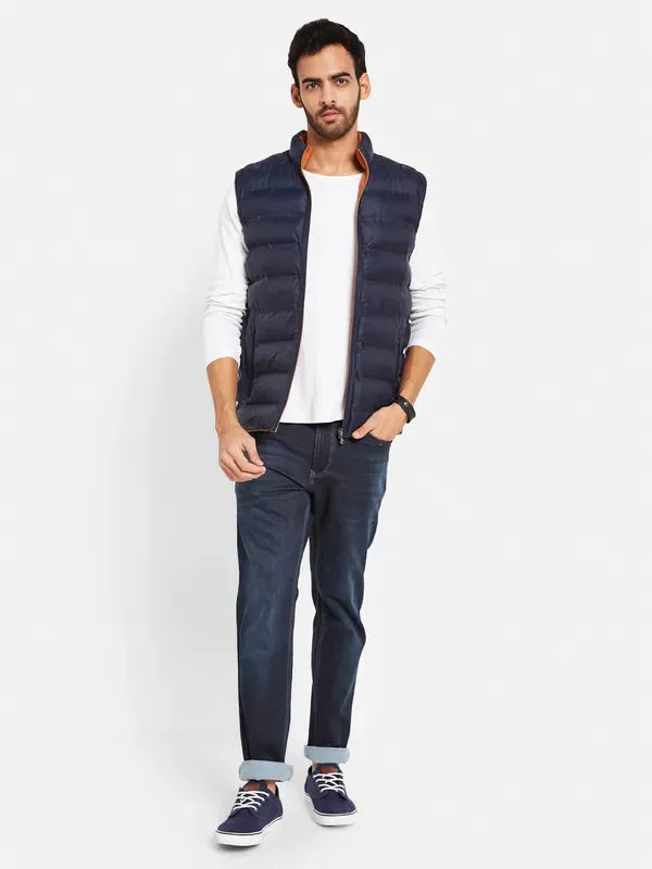 Mettle Men Navy Blue Colourblocked Reversible Tailored Jacket