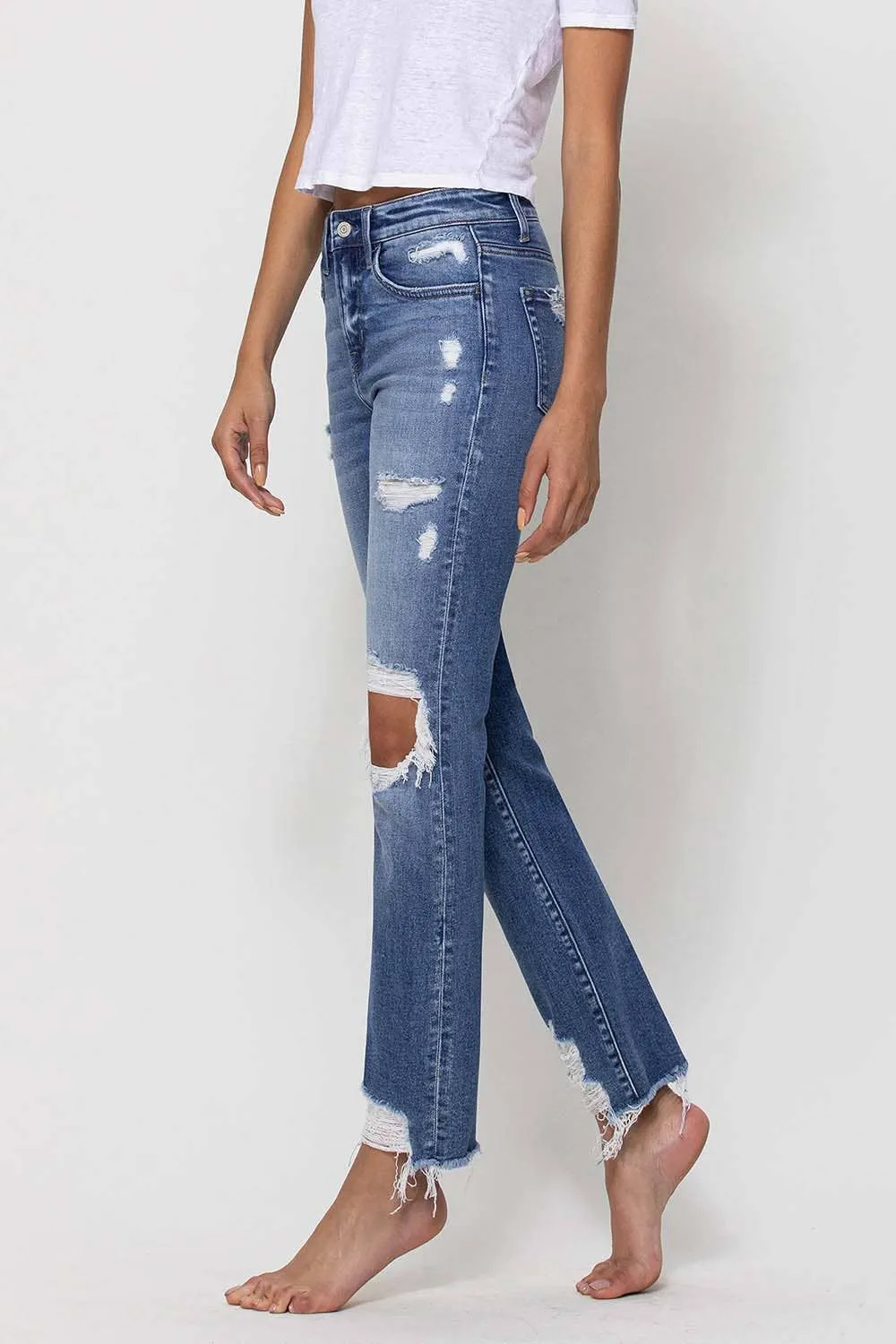 Mid Rise Distressed Ankle Slim Straight Jeans