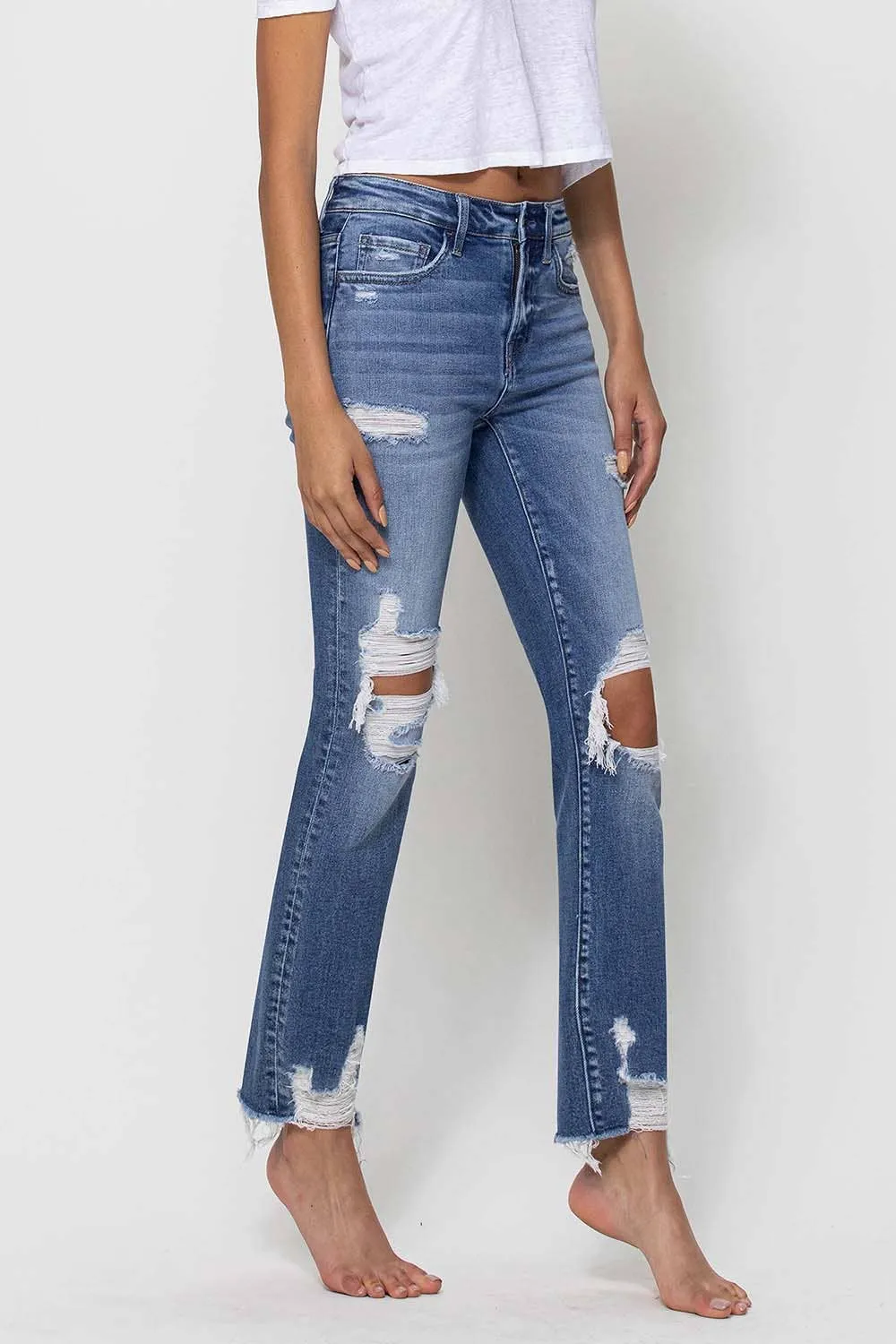 Mid Rise Distressed Ankle Slim Straight Jeans