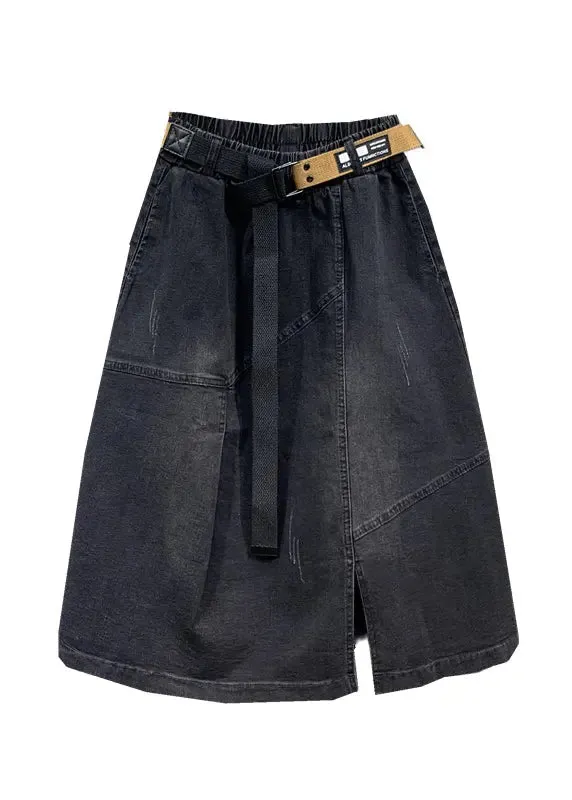 Modern Black Pockets Elastic Waist Patchwork Denim Skirts Fall ML0737