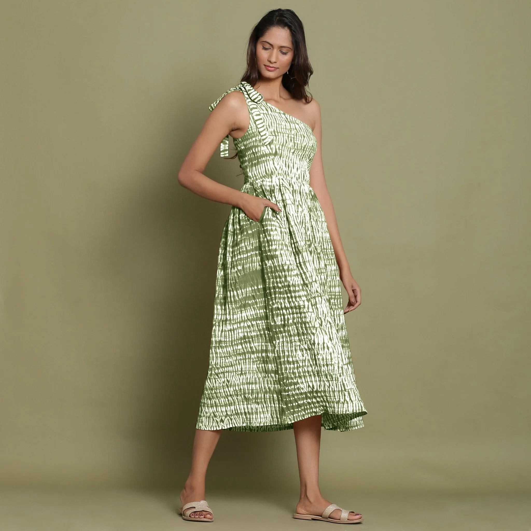 Moss Green Tie-Dye One-Shoulder Cotton Midi Dress