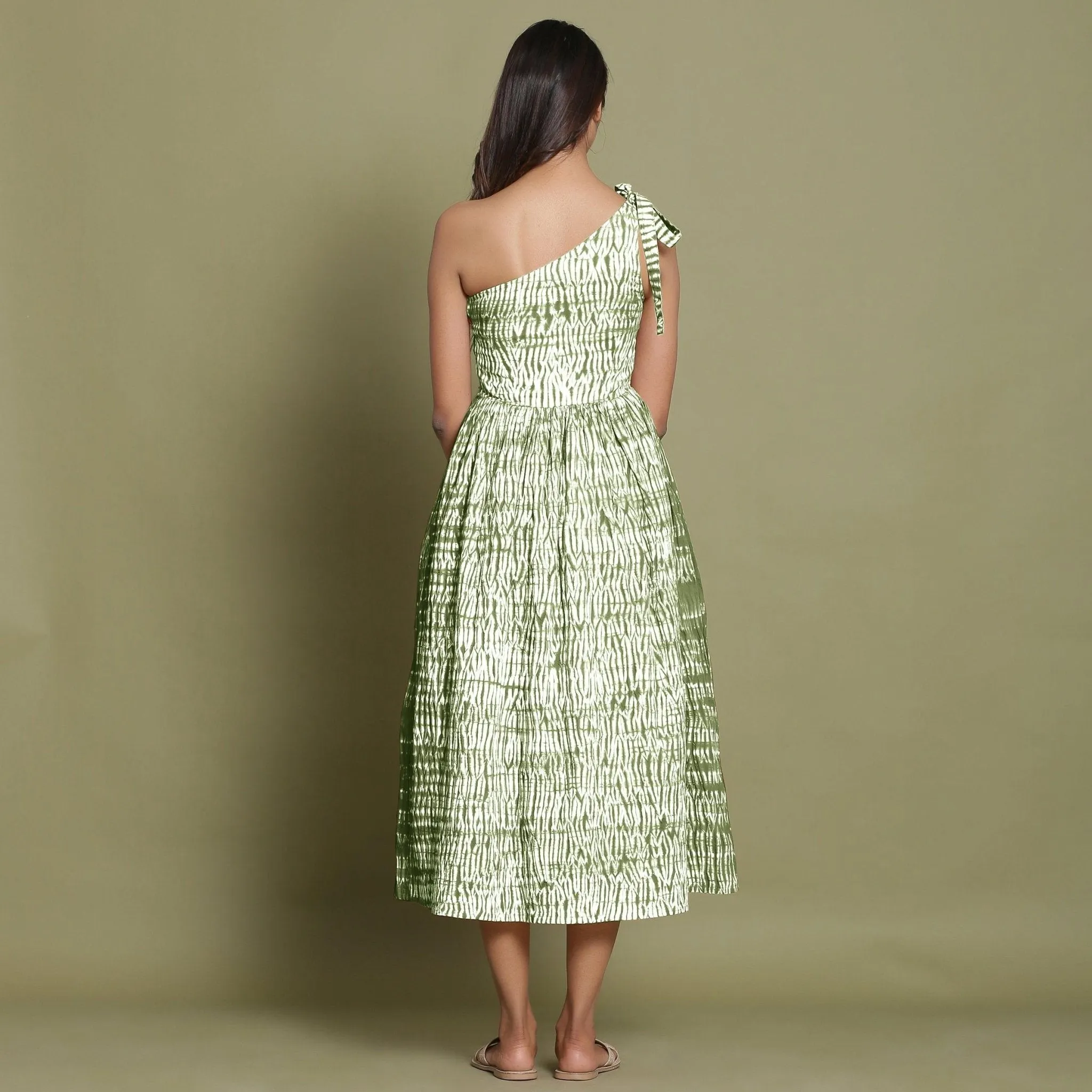 Moss Green Tie-Dye One-Shoulder Cotton Midi Dress