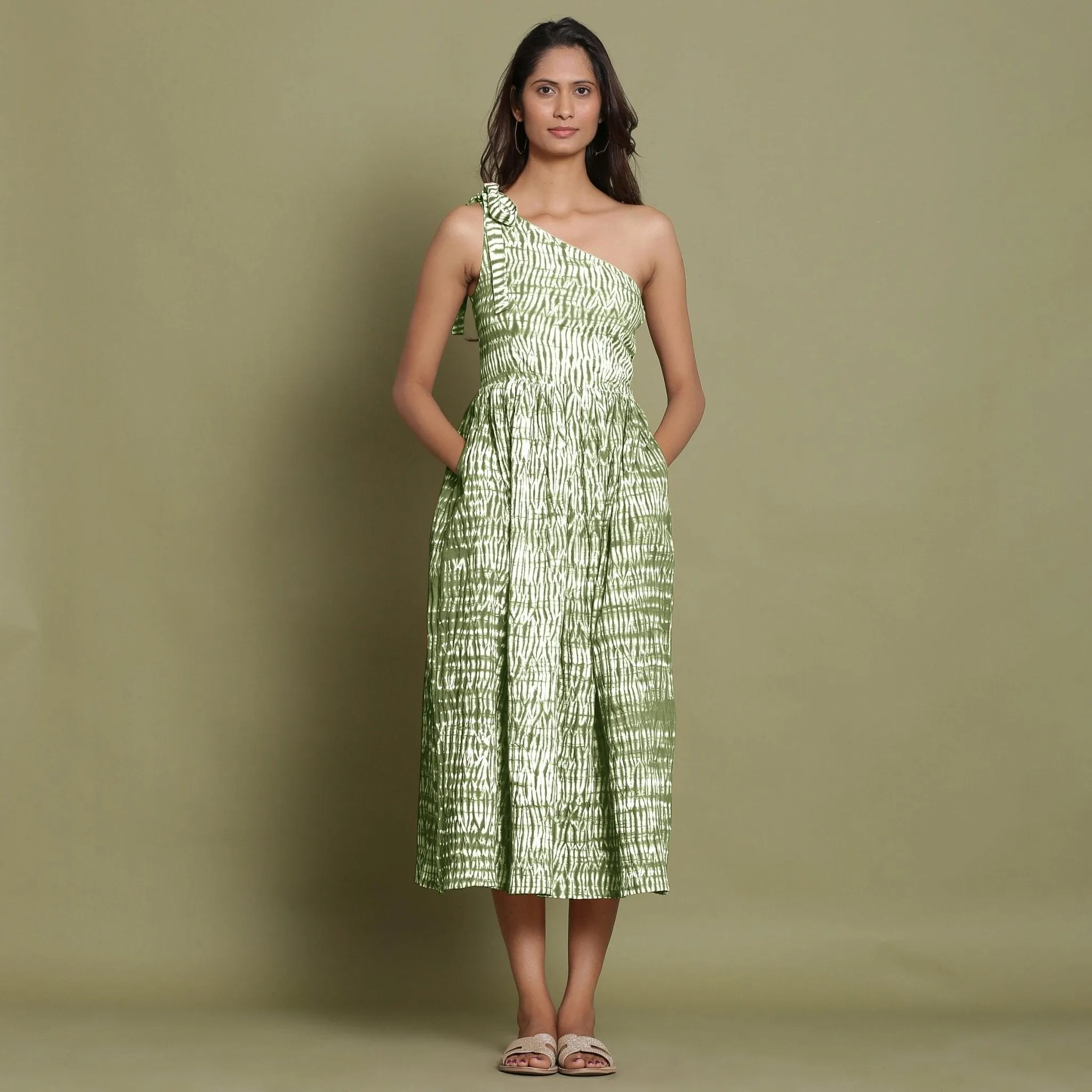 Moss Green Tie-Dye One-Shoulder Cotton Midi Dress