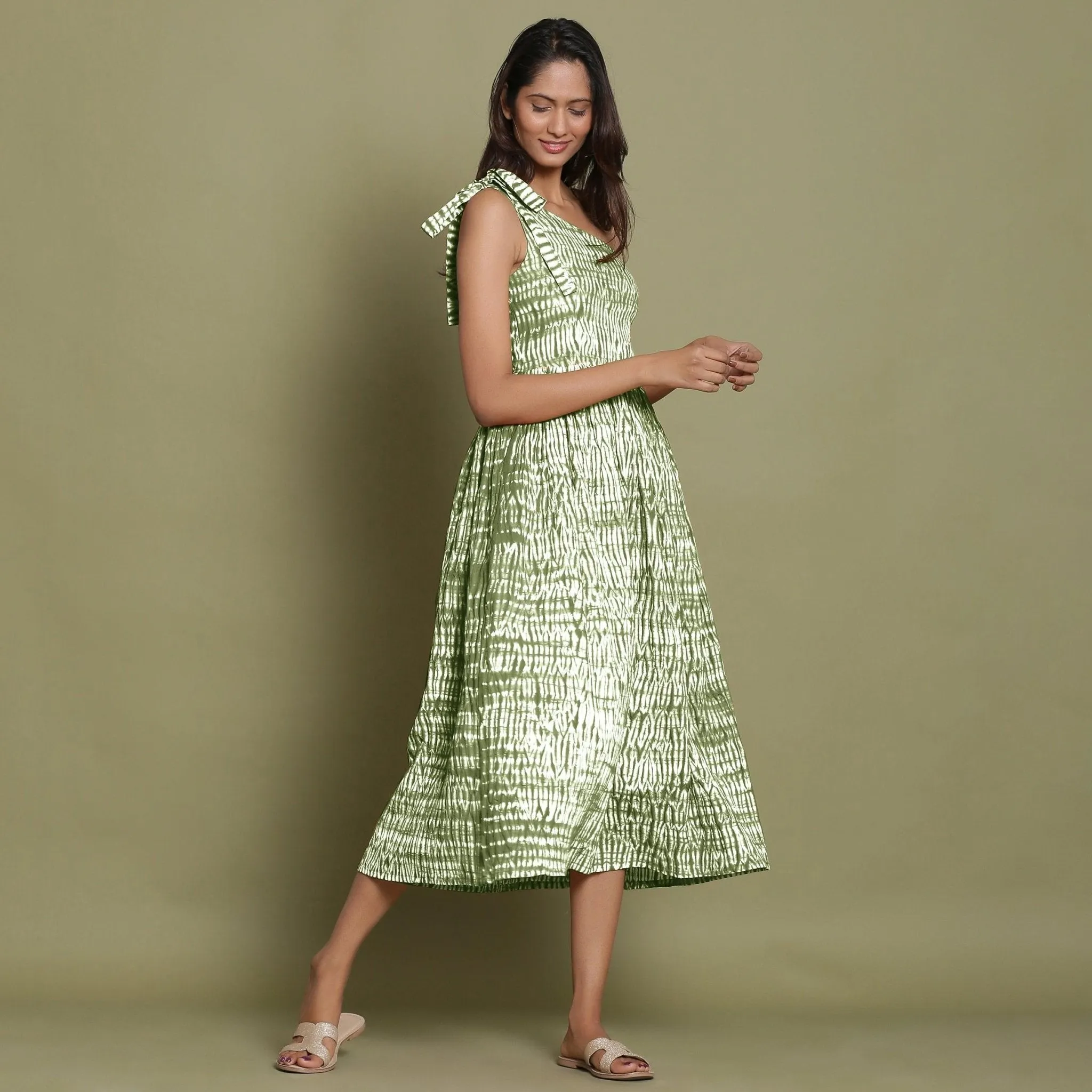 Moss Green Tie-Dye One-Shoulder Cotton Midi Dress