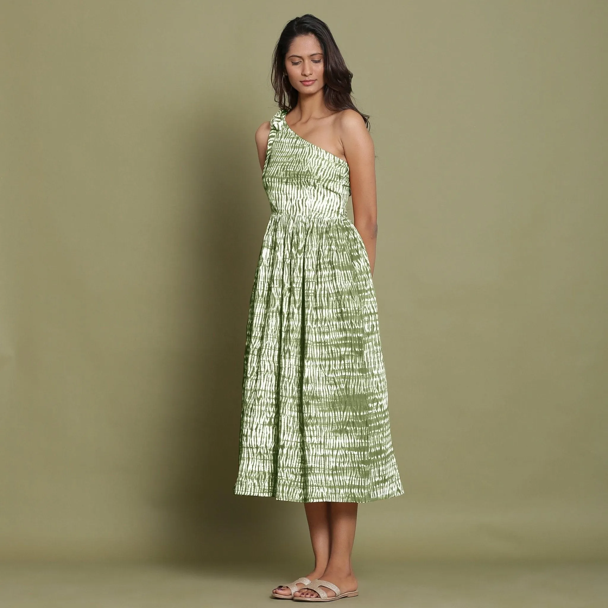 Moss Green Tie-Dye One-Shoulder Cotton Midi Dress