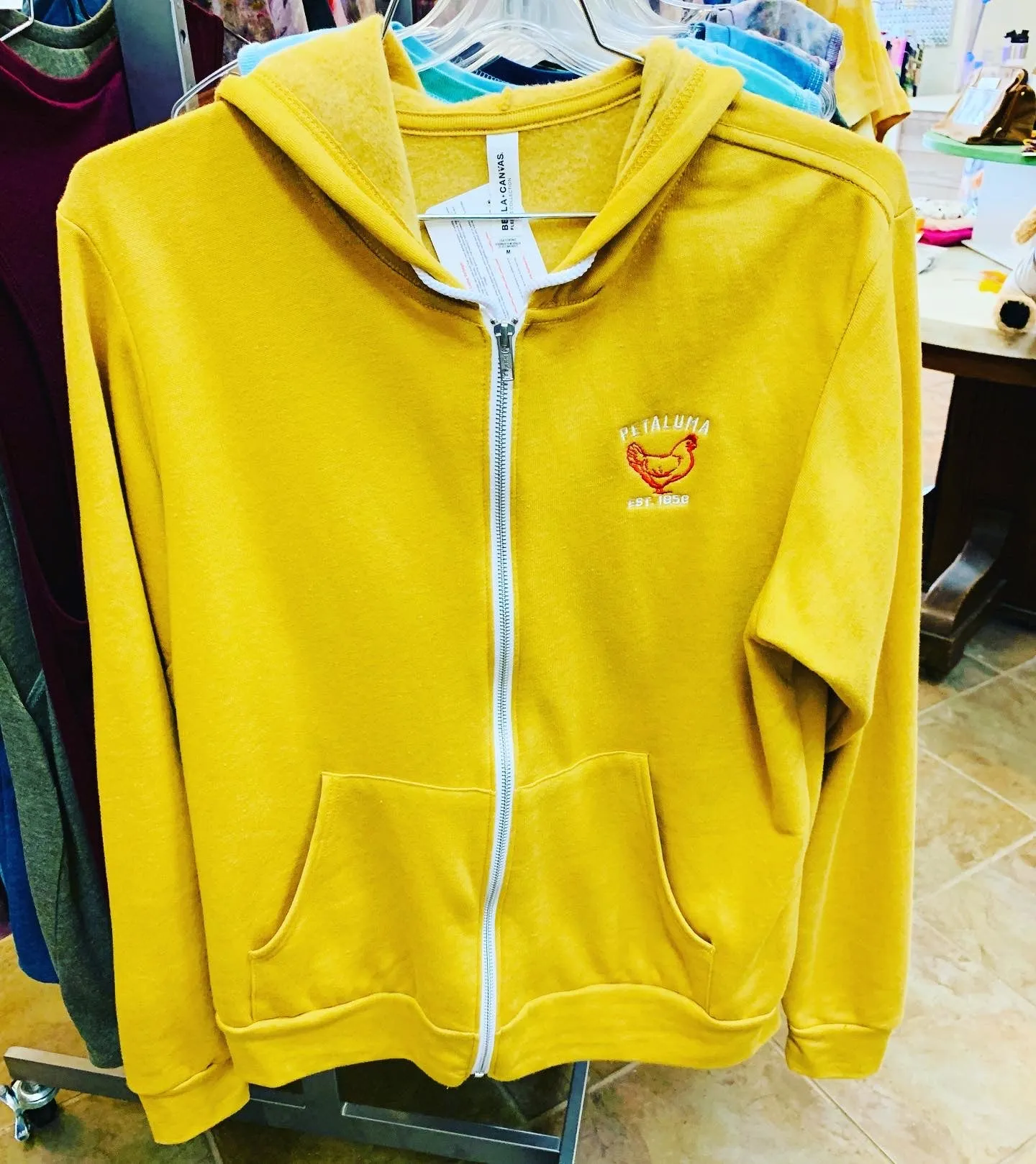 Mustard Zip Hoodie Embroidered Luma Vintage Petaluma Chicken Logo on the Front